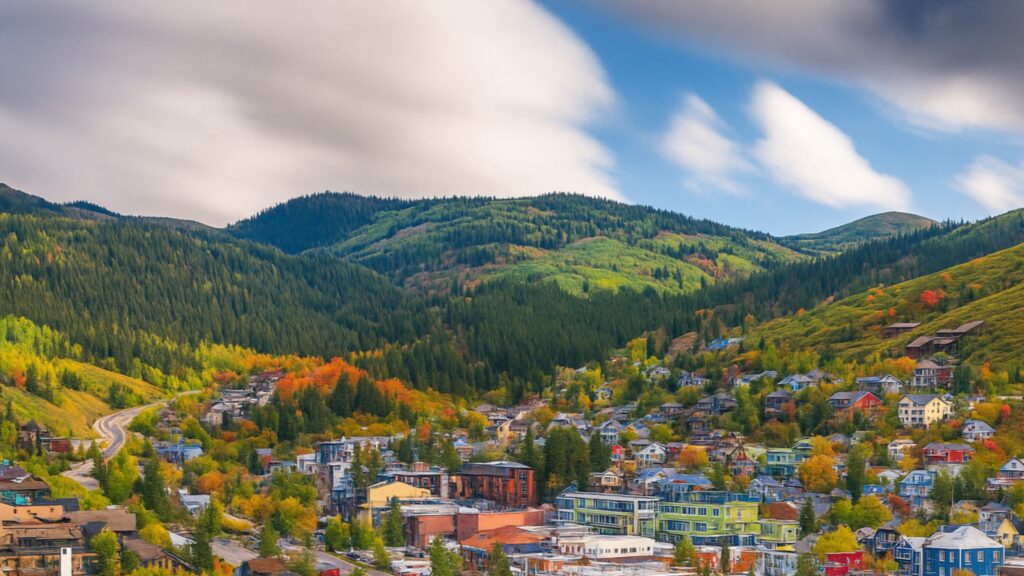 Park City with colorful houses and mountains.